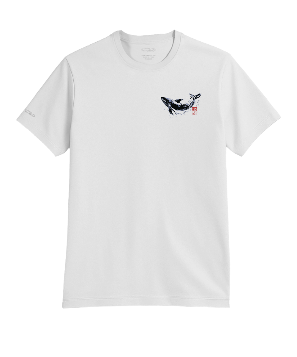 White t-shirt with a small whale design on a white background View 4