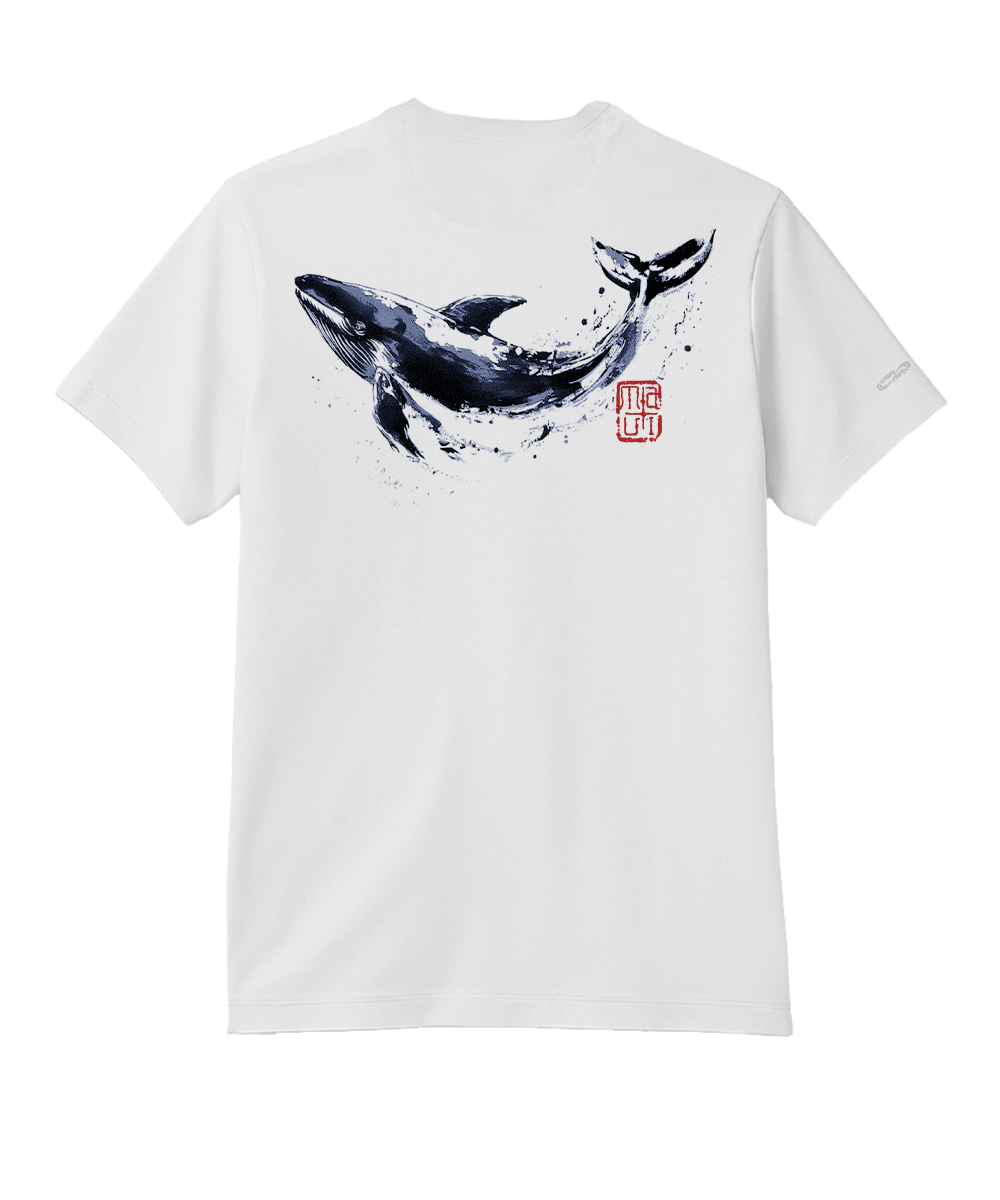 White t-shirt with a whale graphic on the back against a white background View 1