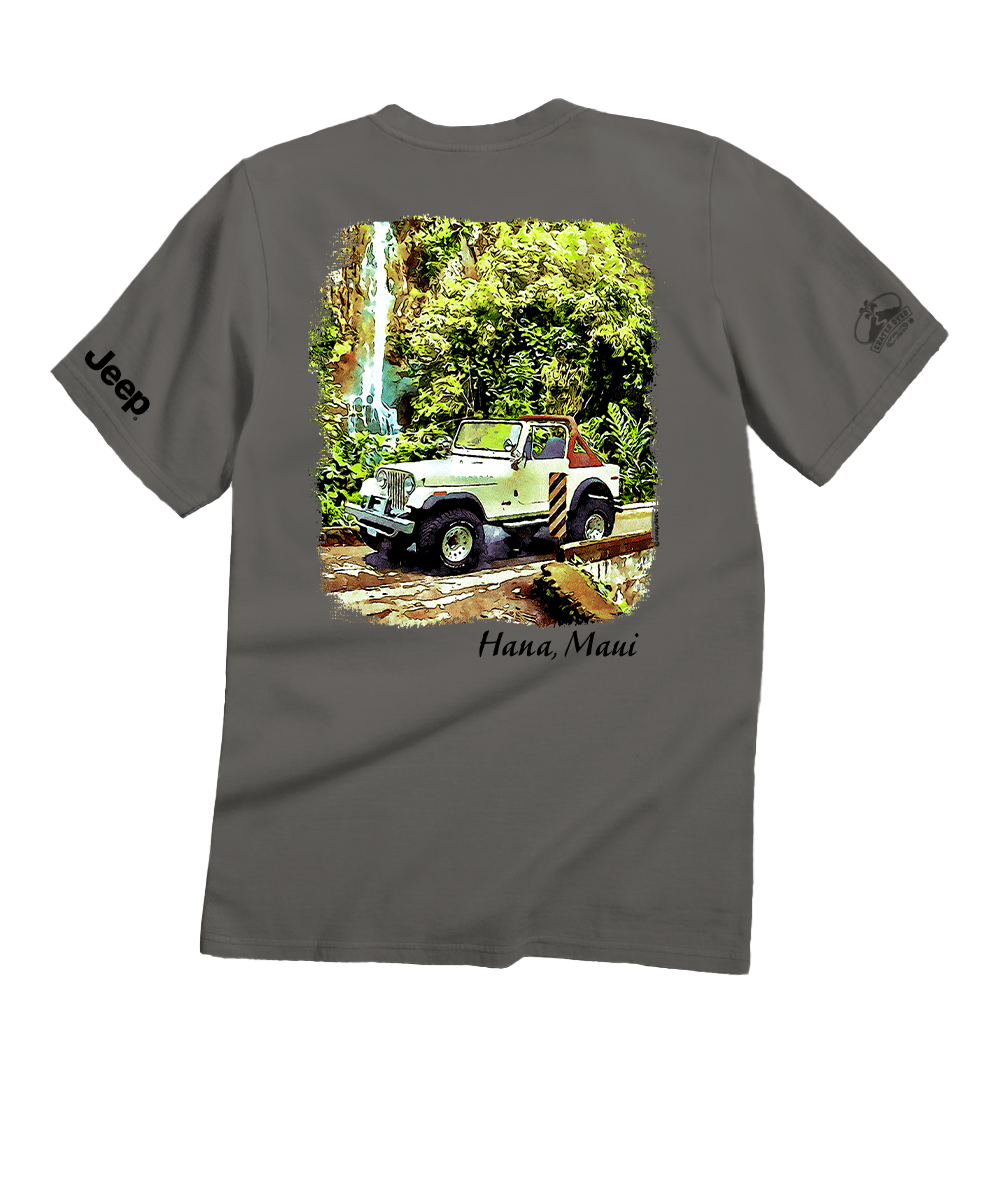 Gray t-shirt with a Jeep graphic and 'Hana, Maui' text on the back, against a white background View 1
