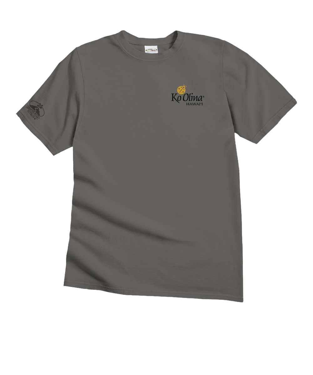 Gray t-shirt with a logo on the chest against a white background View 4