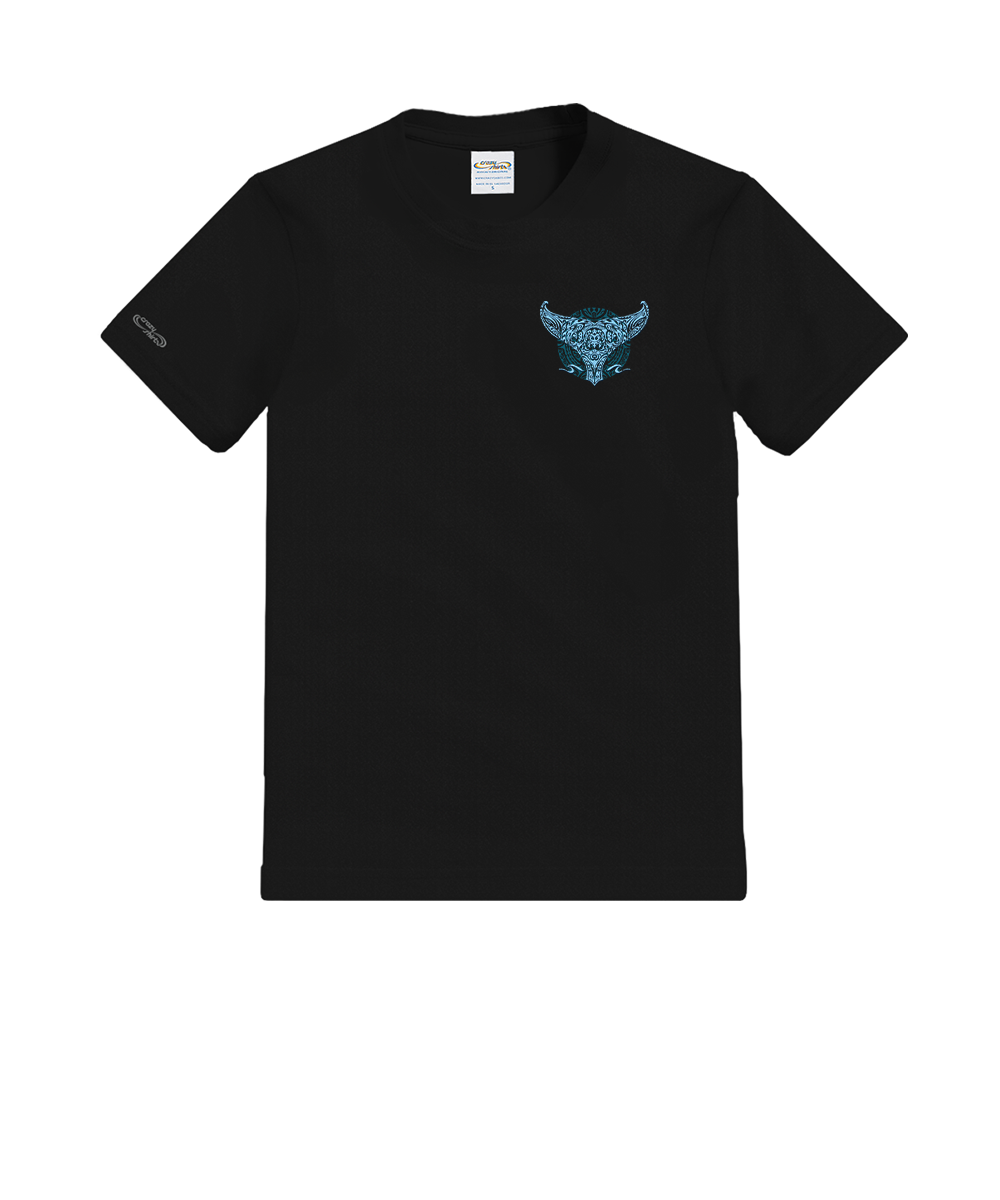 Black t-shirt with a blue graphic on a white background View 4