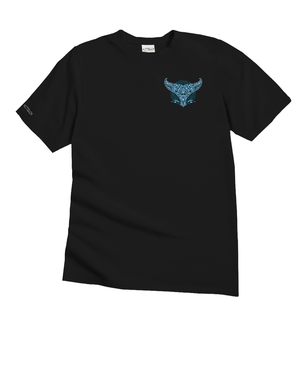 Black t-shirt with a blue graphic on a white background View 4
