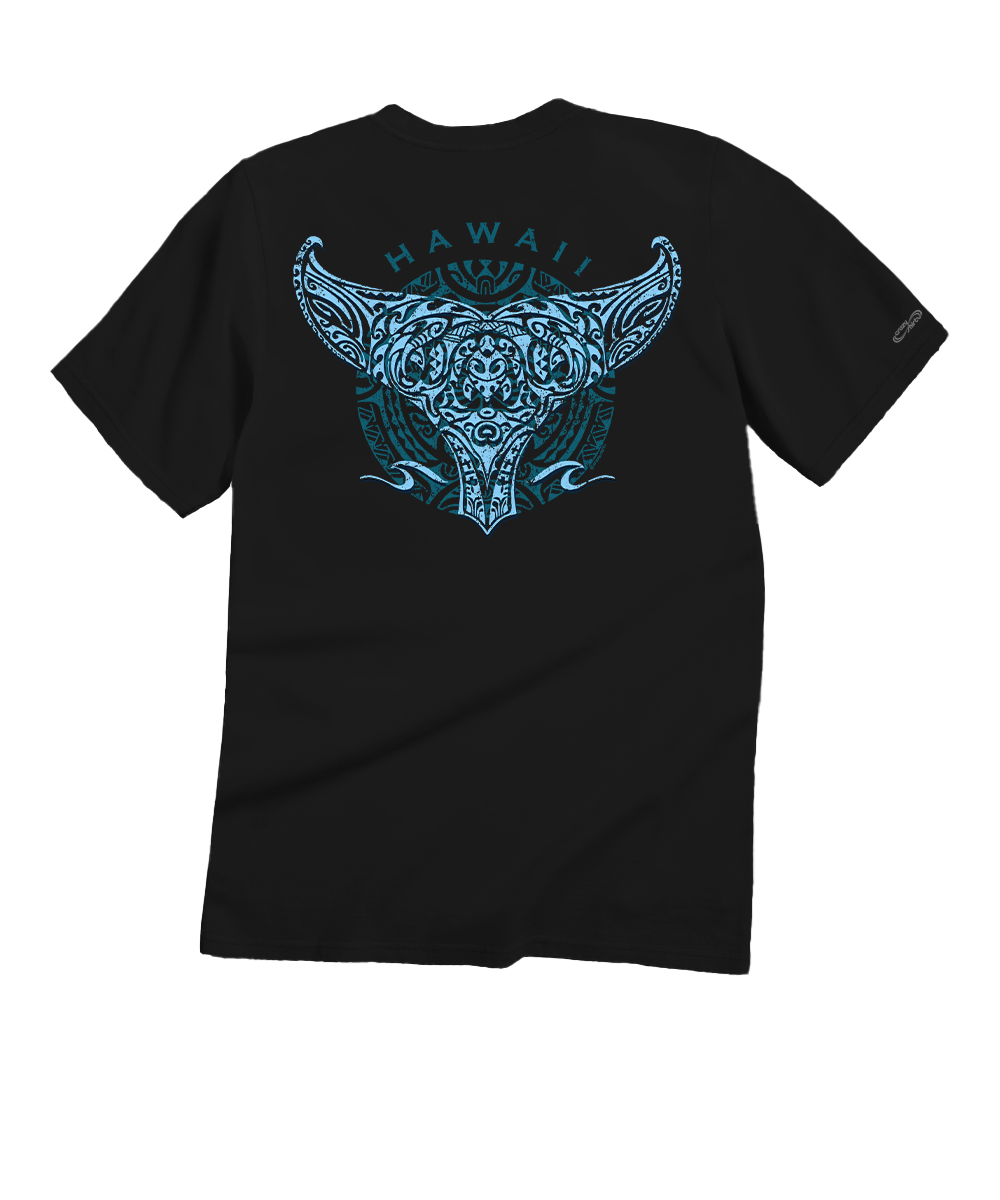Black t-shirt with teal graphic design on the back, against a white background View 1