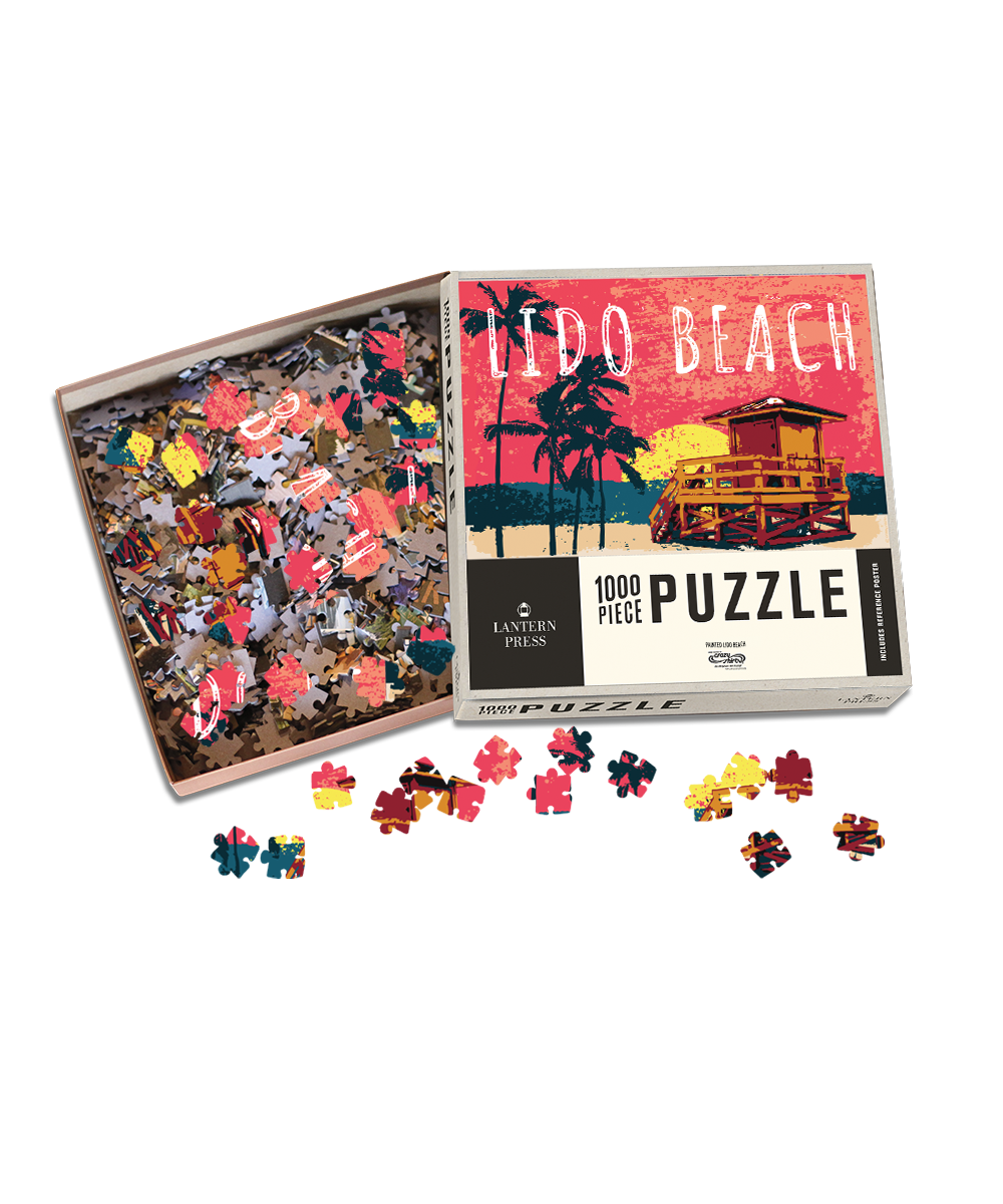 Jigsaw puzzle with pieces scattered on a white background, featuring a 'Lido Beach' theme. View 1