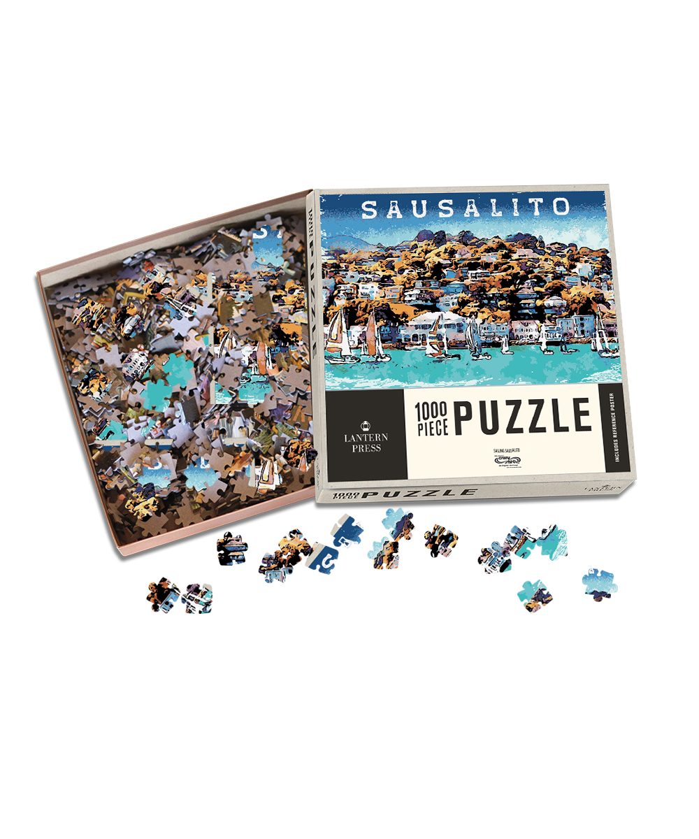 Sausalito puzzle with pieces scattered on a white background View 1