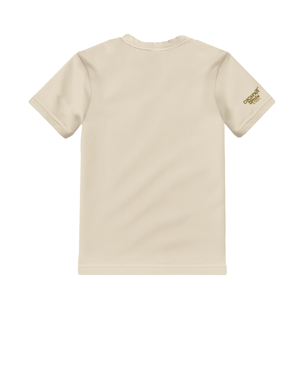 Beige t-shirt with a small logo on the back against a white background View 4
