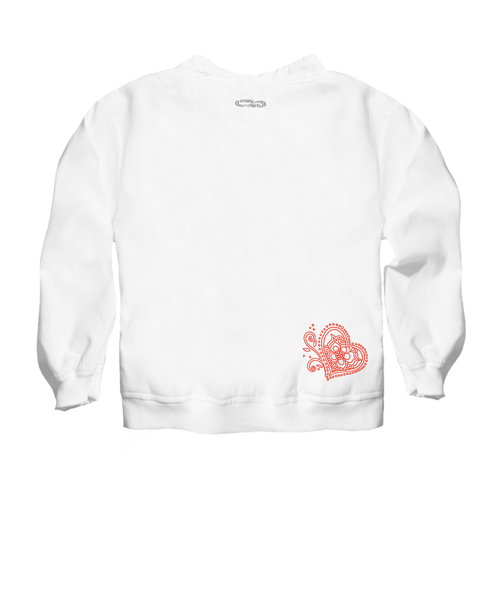 White sweatshirt with a red graphic design on the chest against a white background View 4
