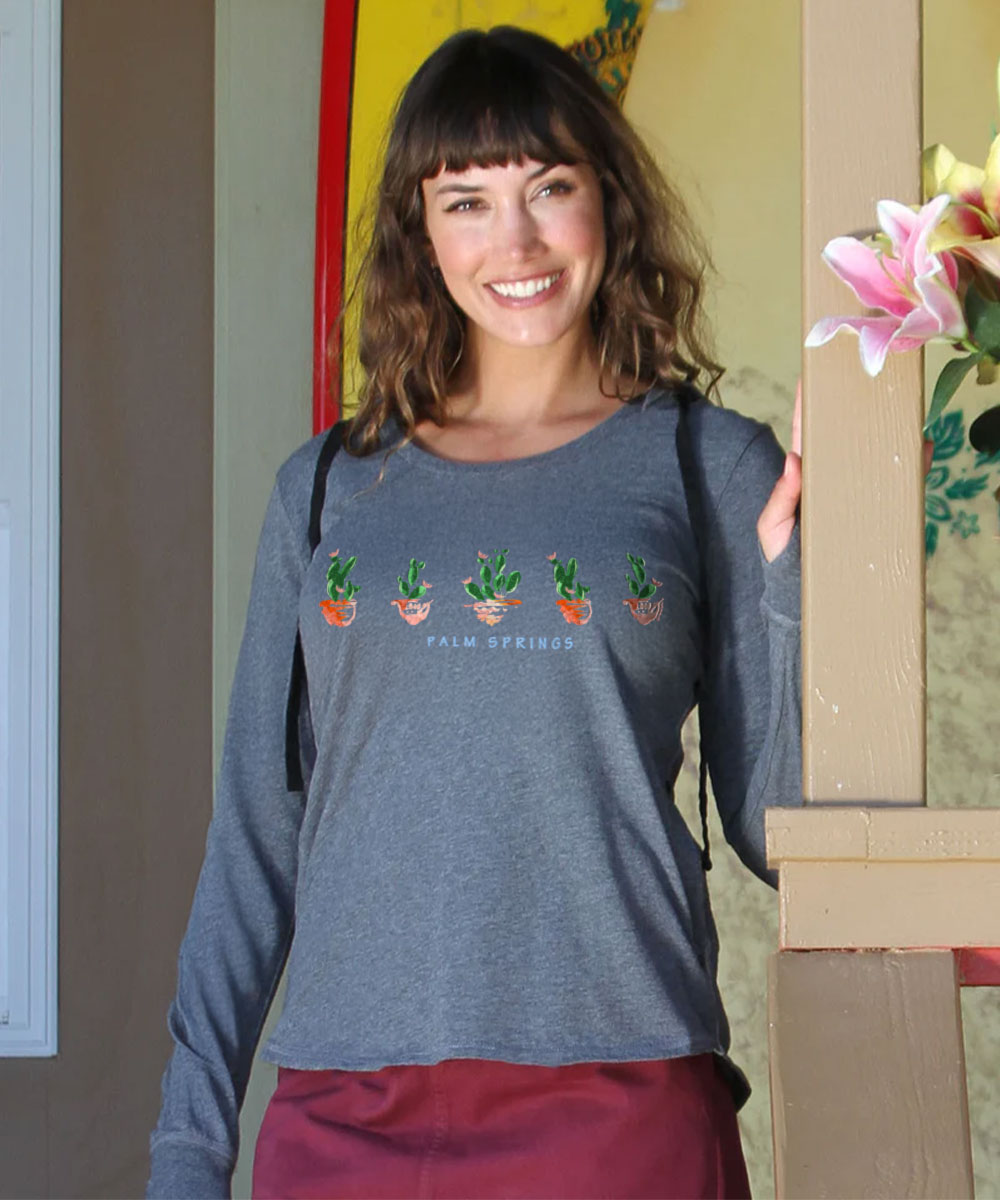 Desert Cactus - Gray Heather Long Sleeve Harmony Hooded T View 2