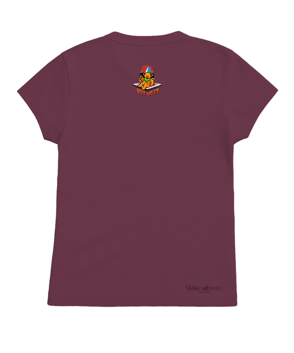 Maroon t-shirt with a small logo on the back against a white background View 4