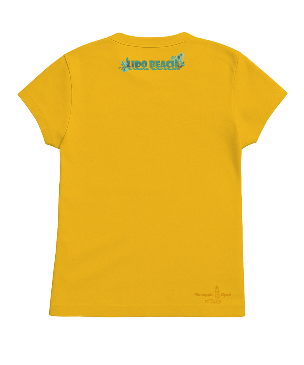 Yellow t-shirt with text on the back against a white background View 4