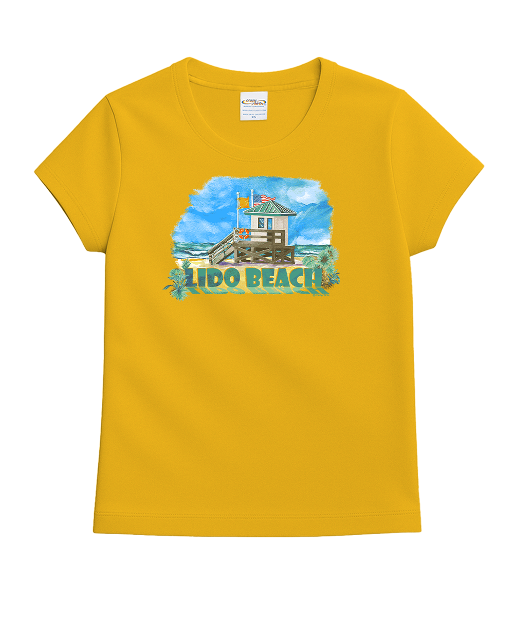 Yellow t-shirt with a 'Lido Beach' graphic design on a white background View 1