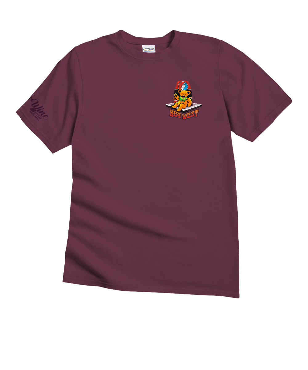 Maroon t-shirt with a cartoon character logo on a white background View 4