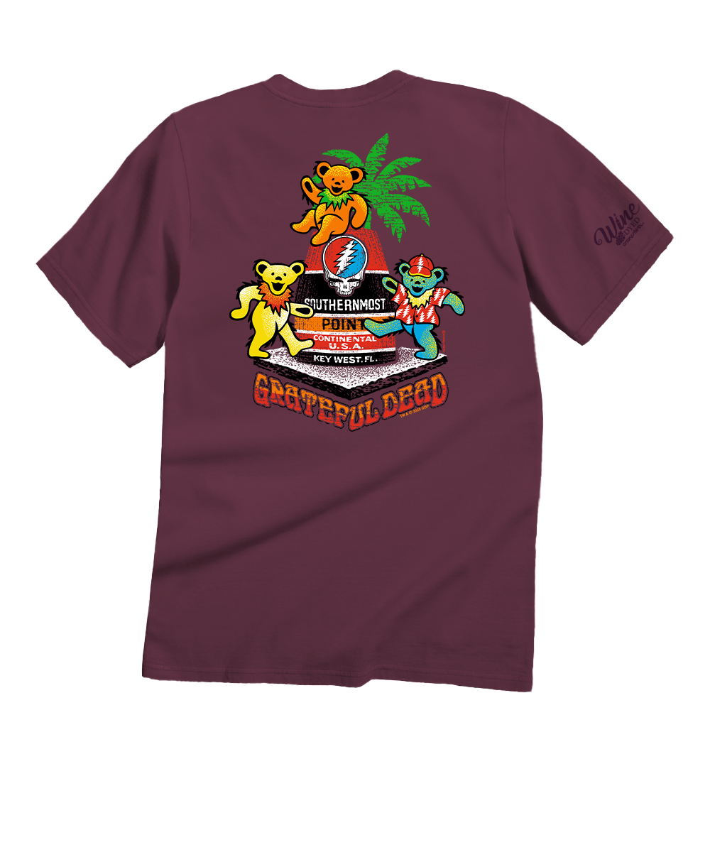 Maroon t-shirt with colorful graphic design on the back featuring bears, against a white background View 1