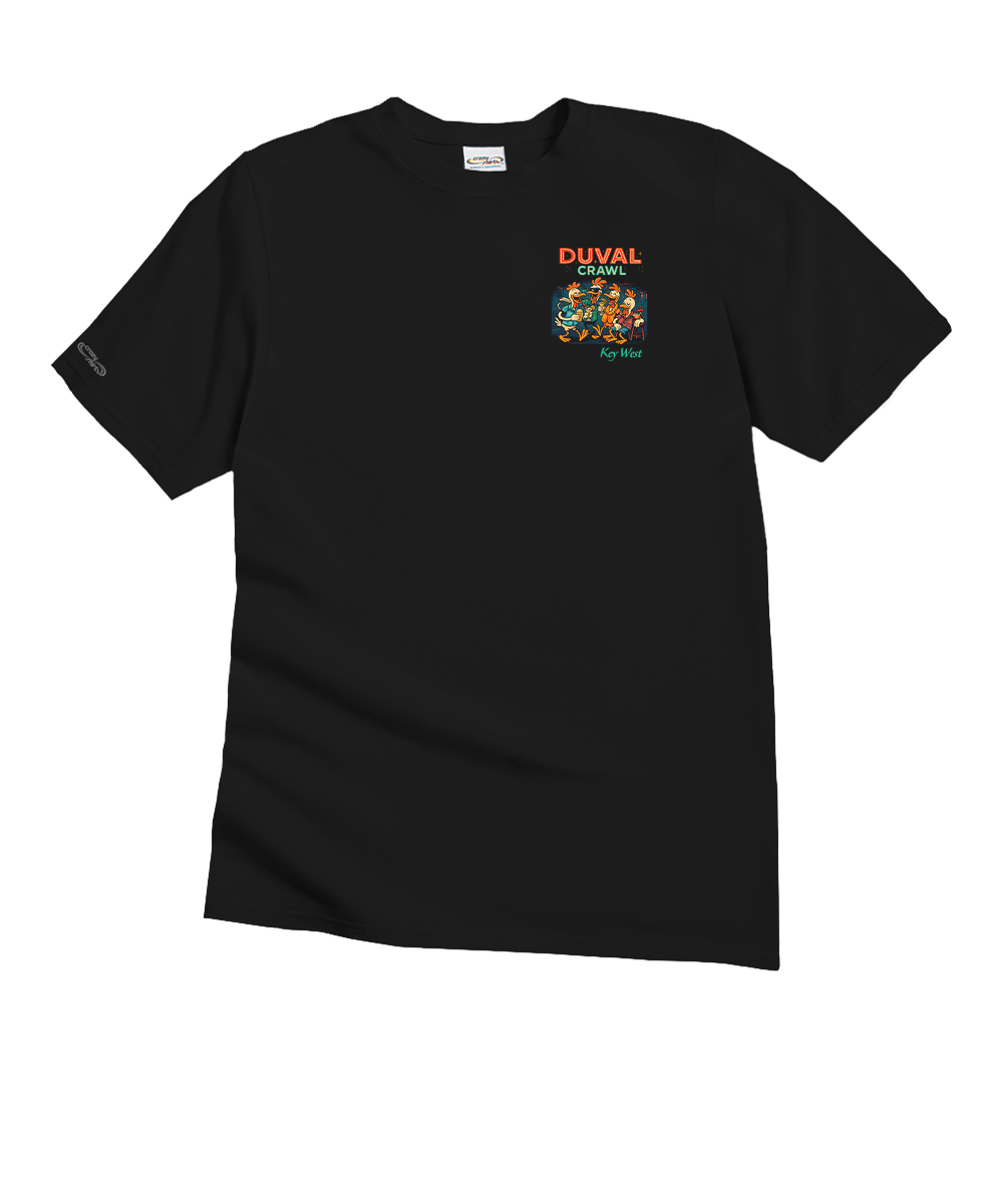 Black t-shirt with colorful graphic and text on a white background View 4