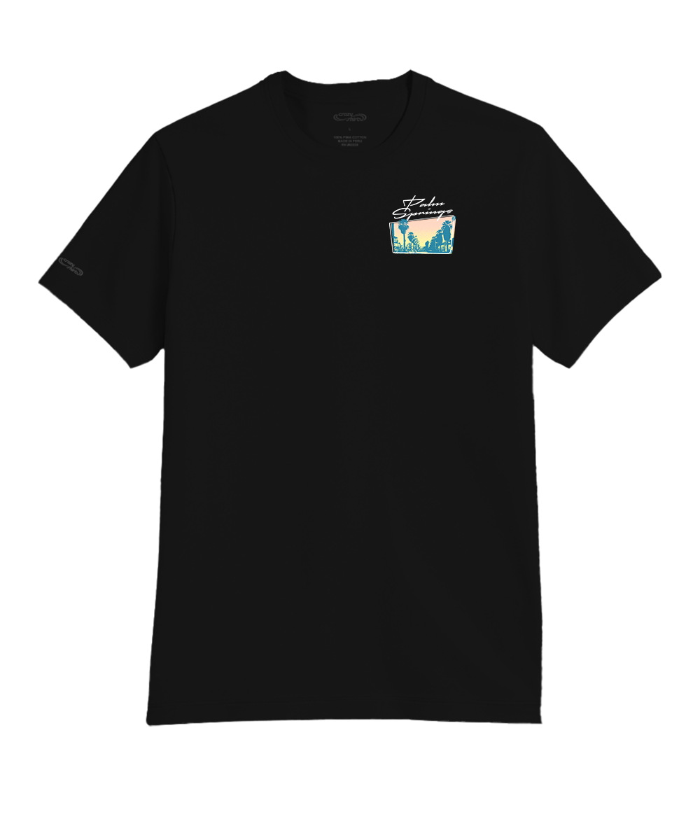 Black t-shirt with a small logo on the front with a white background View 4