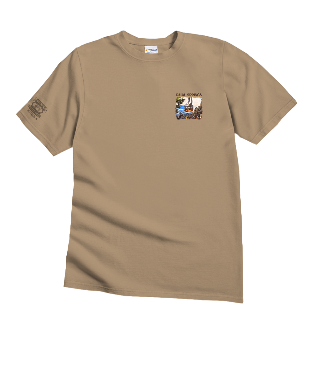 Light brown t-shirt with a small graphic on the chest against a white background View 4