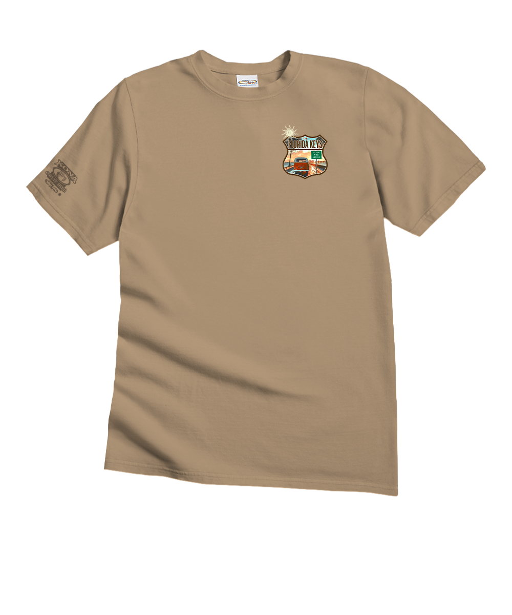 Light brown t-shirt with a small logo against a white background. View 4