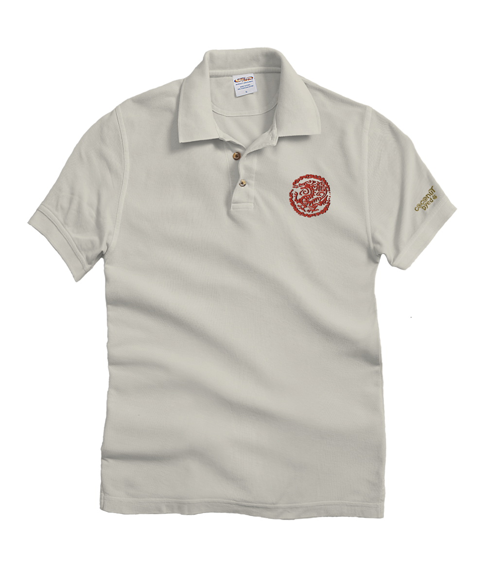 Creamy white polo shirt with a red logo on a white background View 1