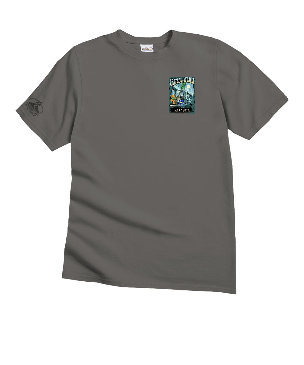 Gray t-shirt with a small logo against a white background View 4