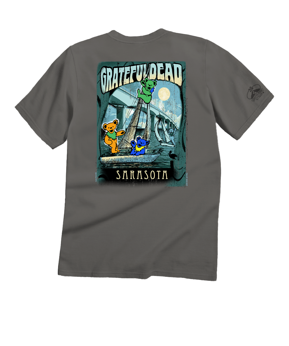 Gray t-shirt with Grateful Dead graphic on the back against a white background View 1