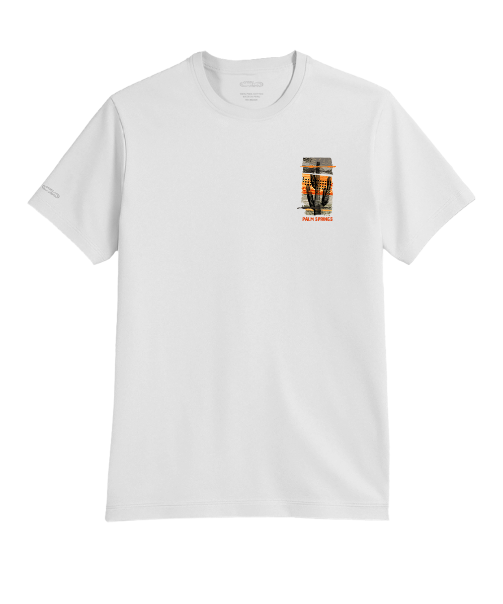 White t-shirt with a small graphic on the chest against a white background View 4