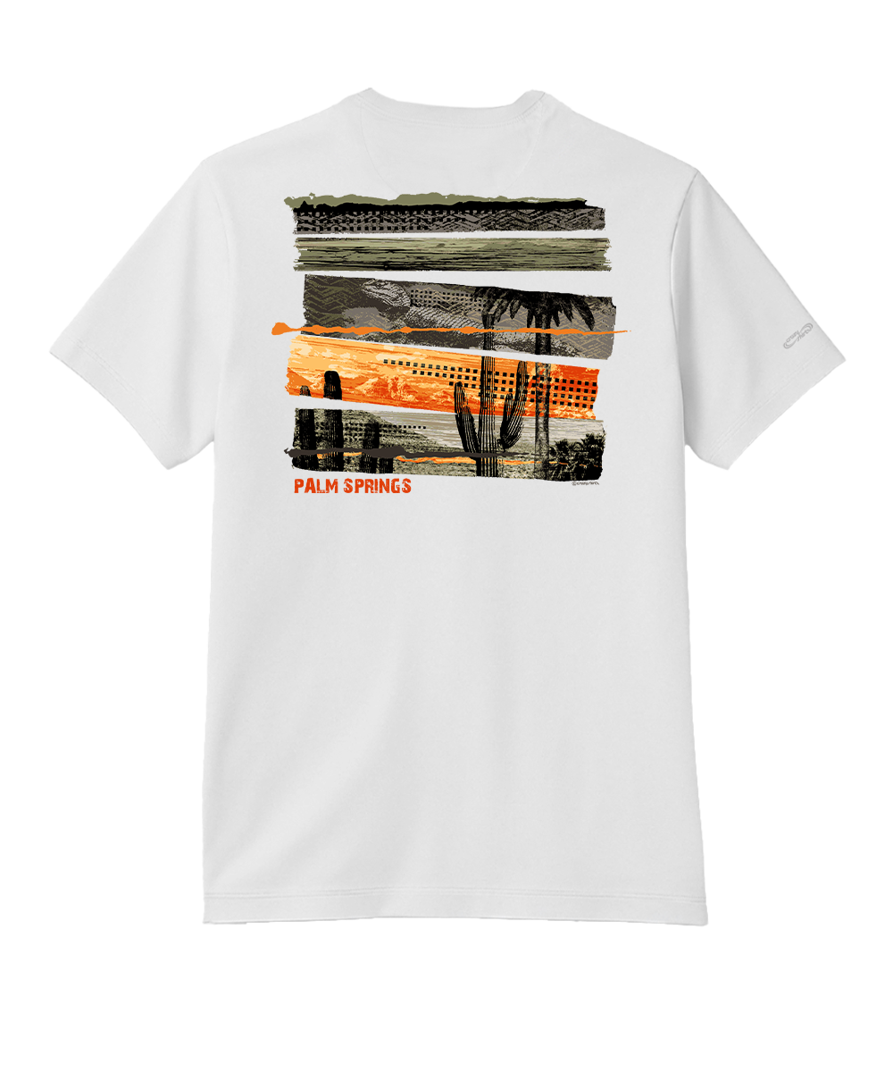 White t-shirt with a graphic design of palm trees on a white background View 1