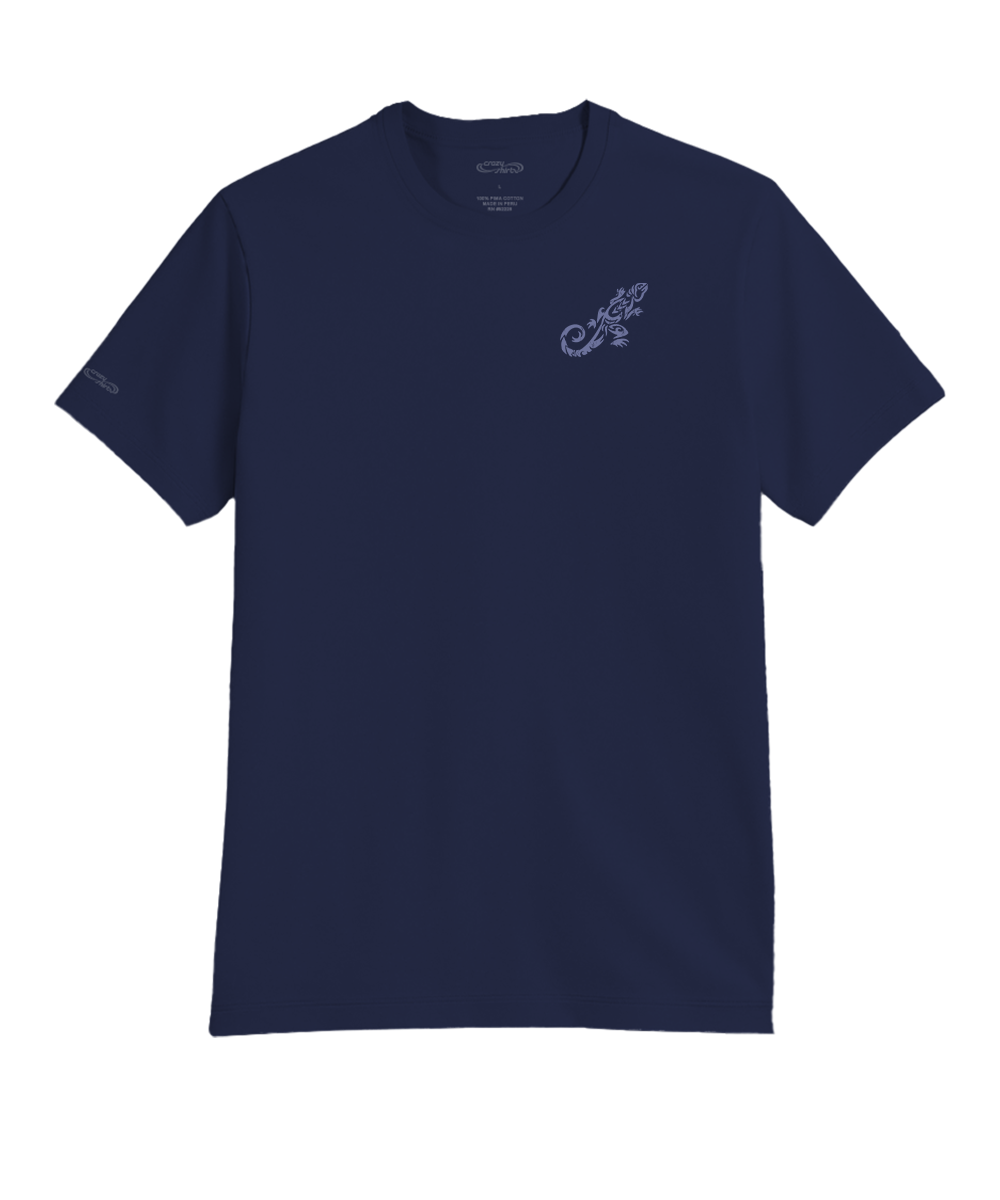 Indigo t-shirt with a small logo on a white background View 4