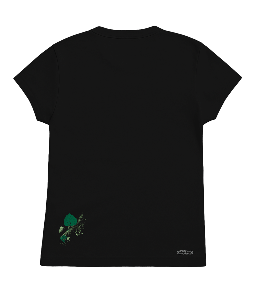 Black t-shirt with a small green design on the back against a white background View 4