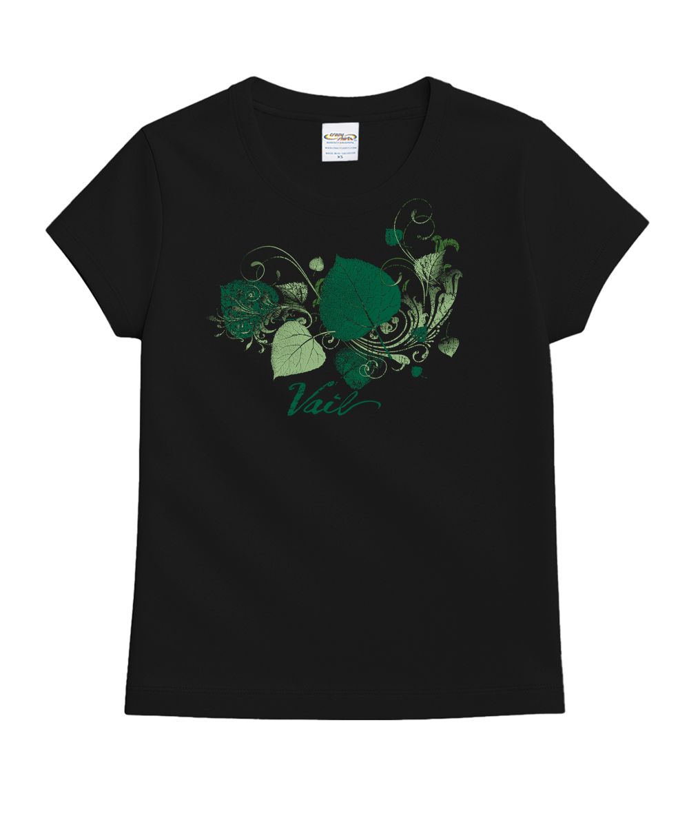 Black t-shirt with green floral design and 'Vail' text on a white background View 1