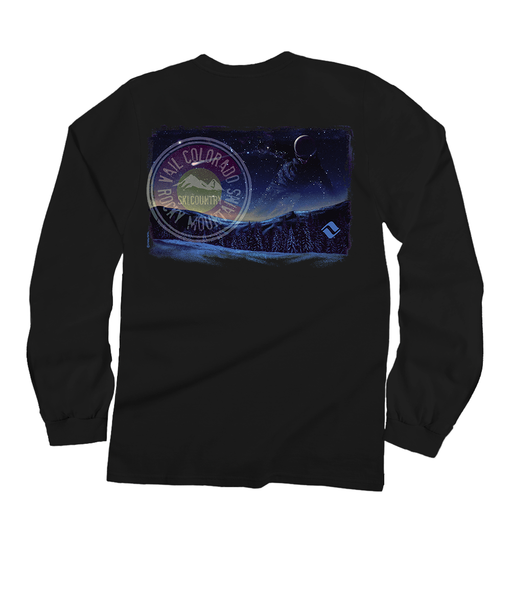 Black long-sleeve shirt with a graphic design on the back against a white background View 1