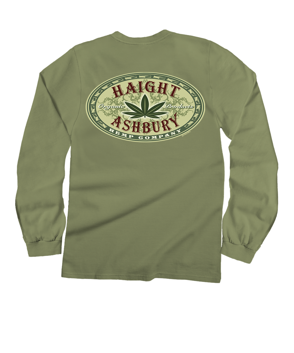 Green long-sleeve shirt with Haight Ashbury Hemp Company logo on a white background View 1
