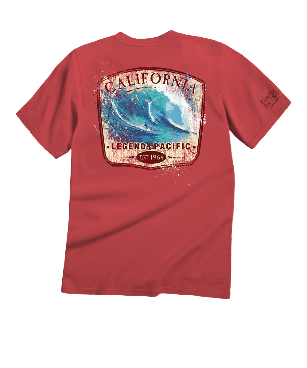 Red t-shirt with a graphic design on the back on a white background View 1