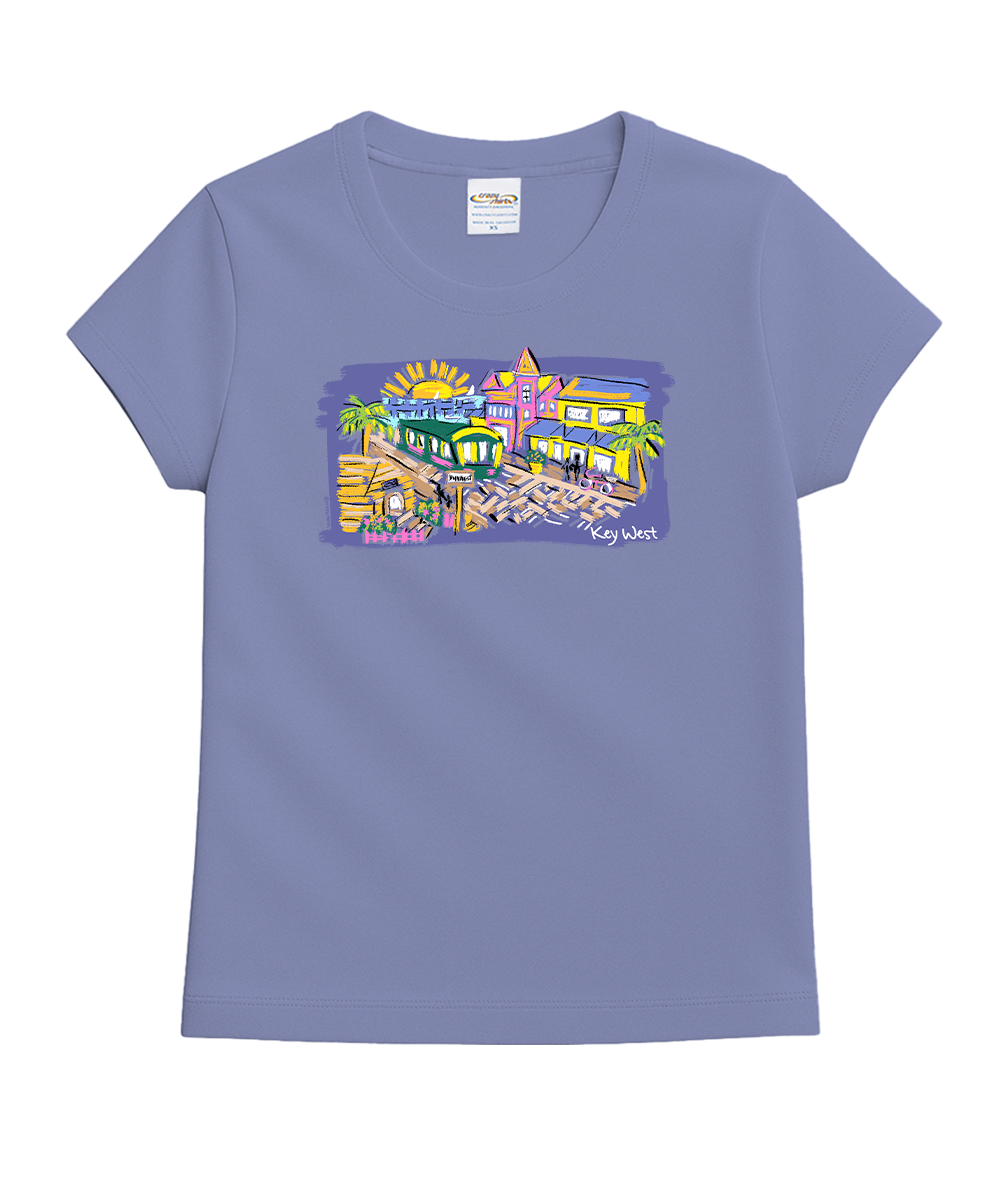 Purple t-shirt with a colorful graphic design on a white background View 1