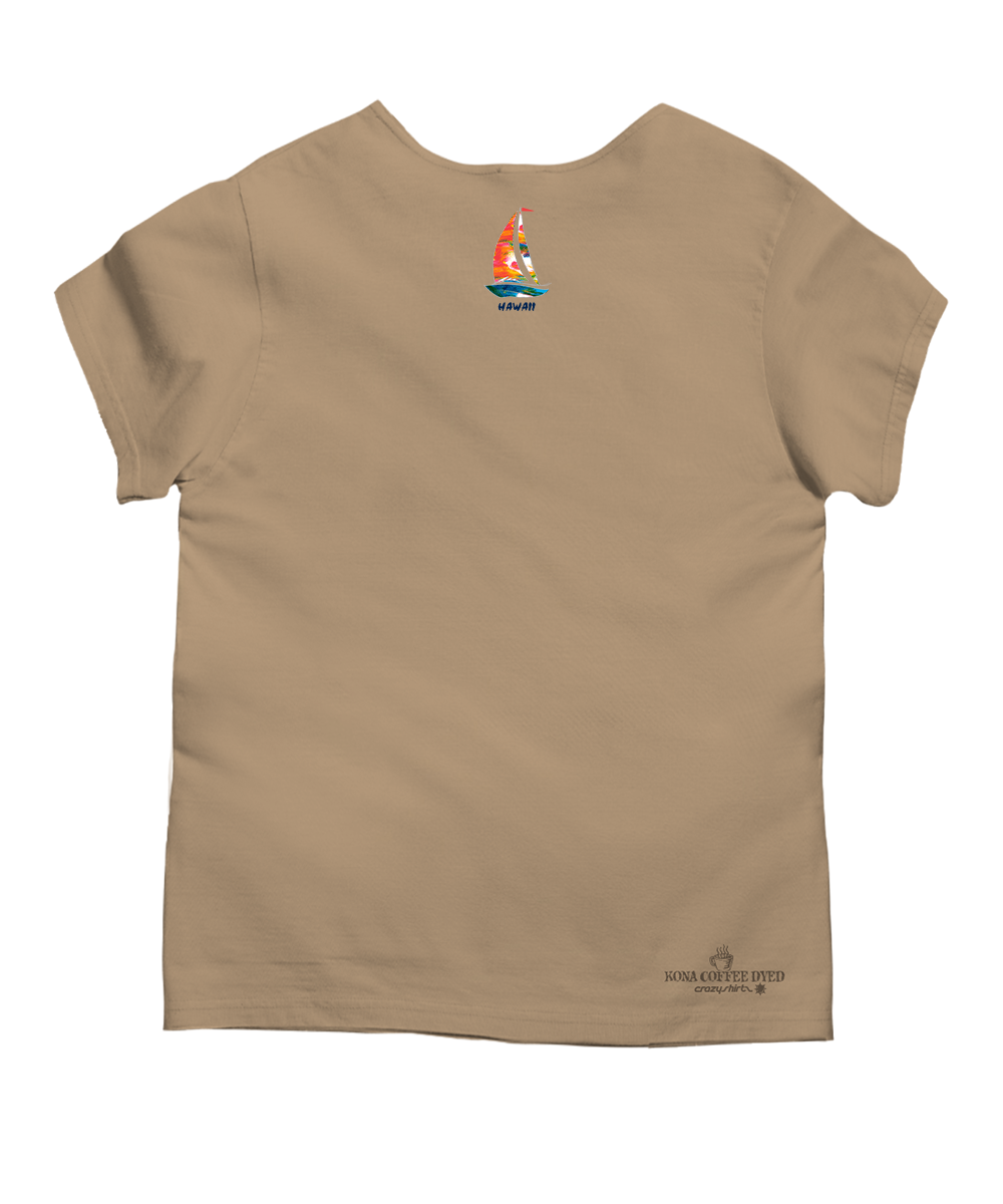 Beige t-shirt with a small graphic on the back against a white background View 4