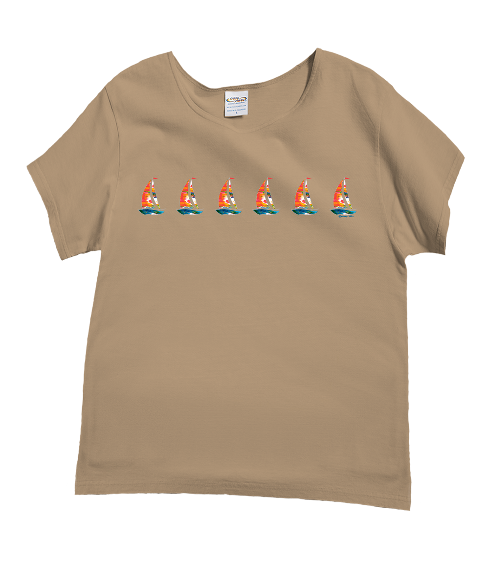Beige t-shirt with a graphic of six cartoon boats on a white background View 1