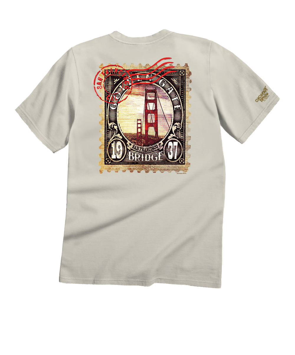 Creamy white t-shirt with a graphic design of a bridge on a white background View 1