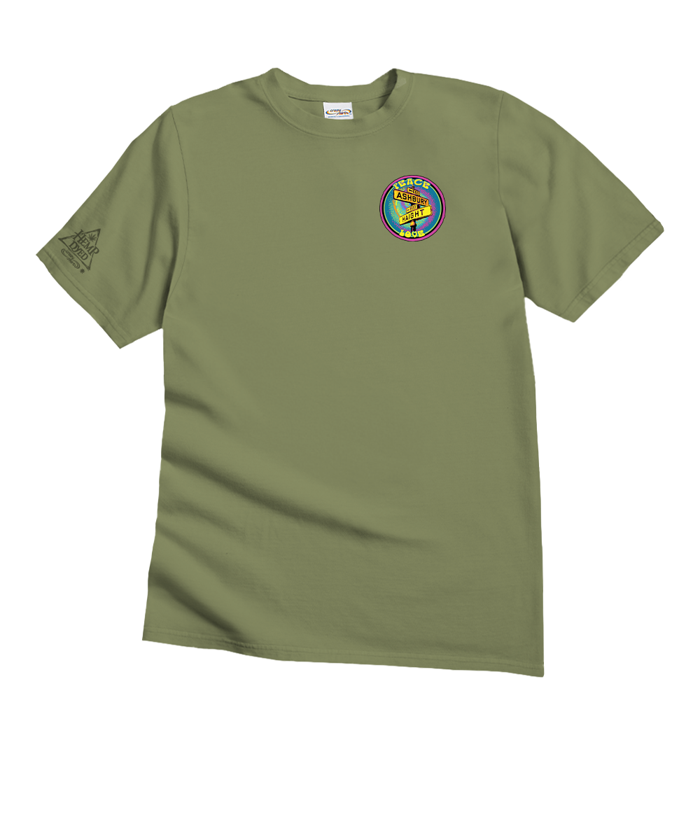 Green t-shirt with a colorful logo on a white background View 4