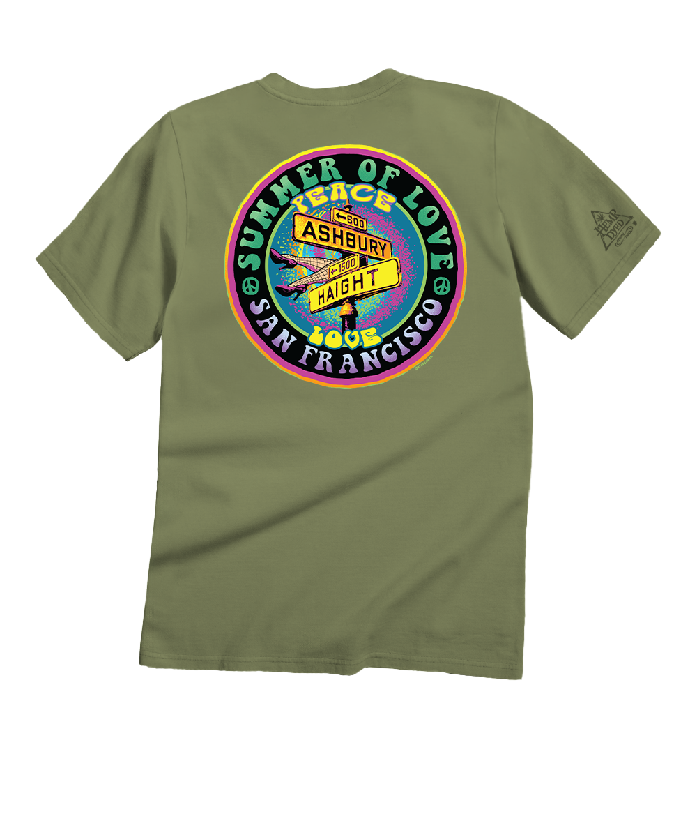 Green t-shirt with colorful graphic design on the back on a white background View 1
