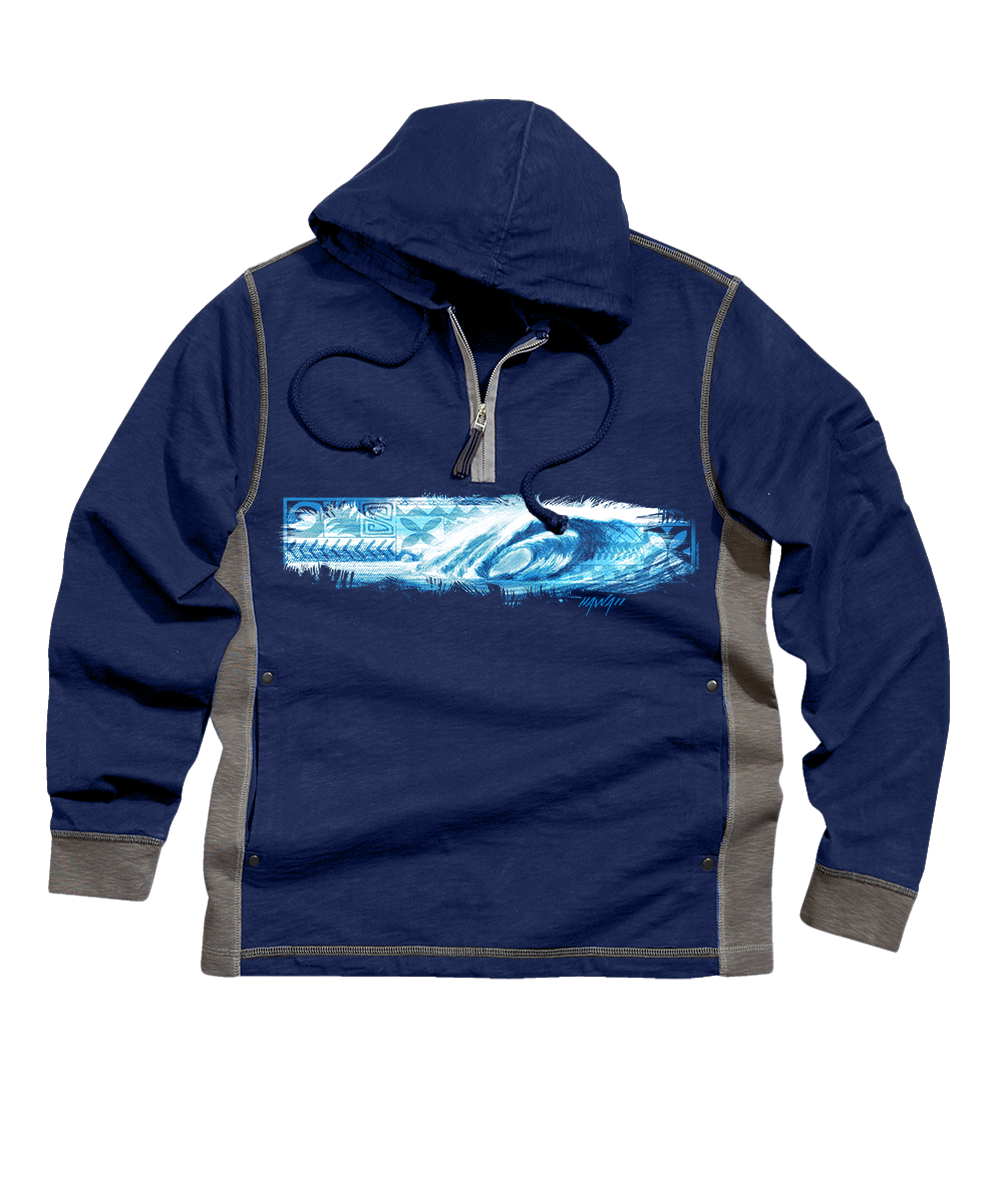 Blue hoodie with a graphic design on a white background View 1
