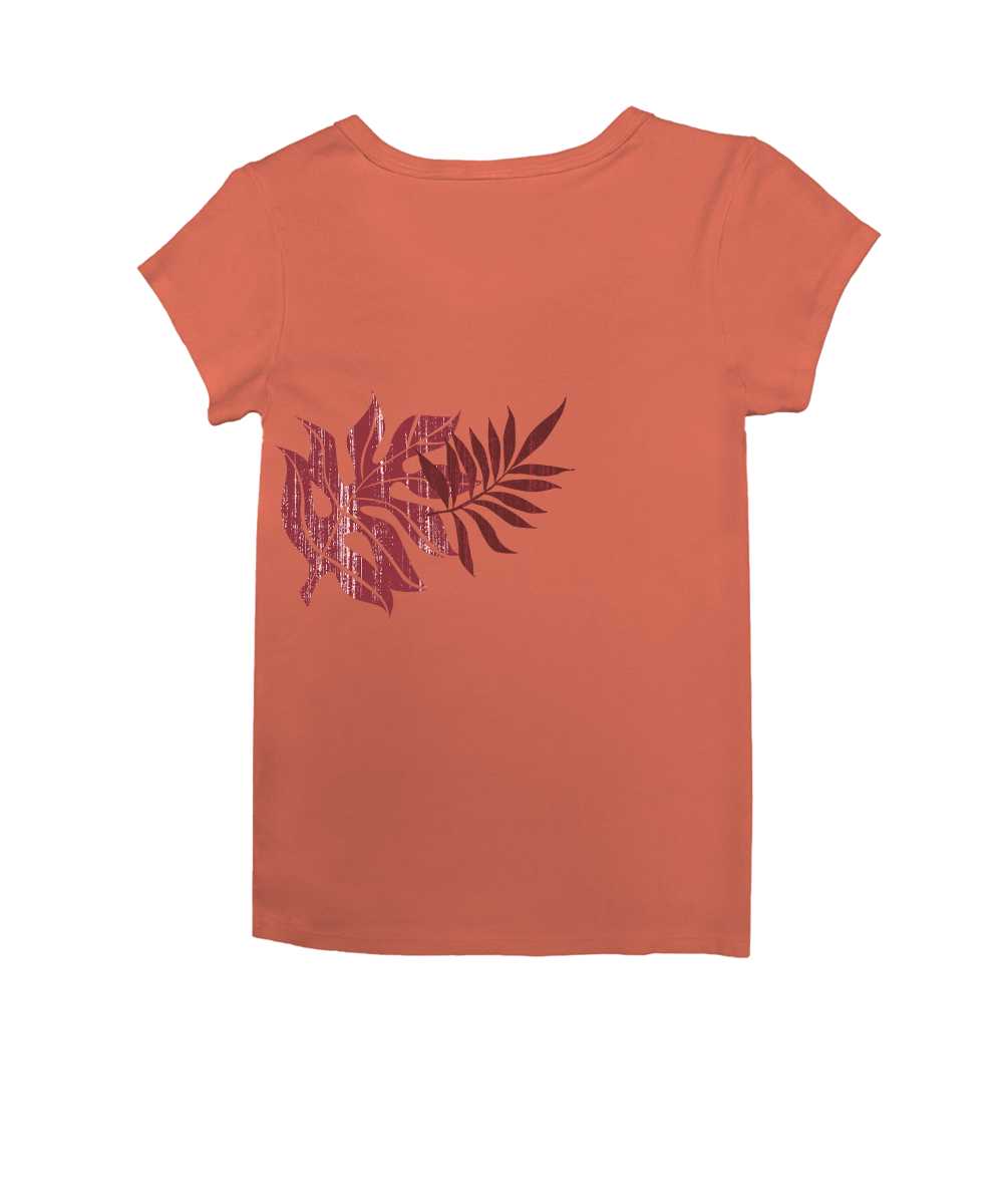 Coral t-shirt with a leaf design on a white background View 4