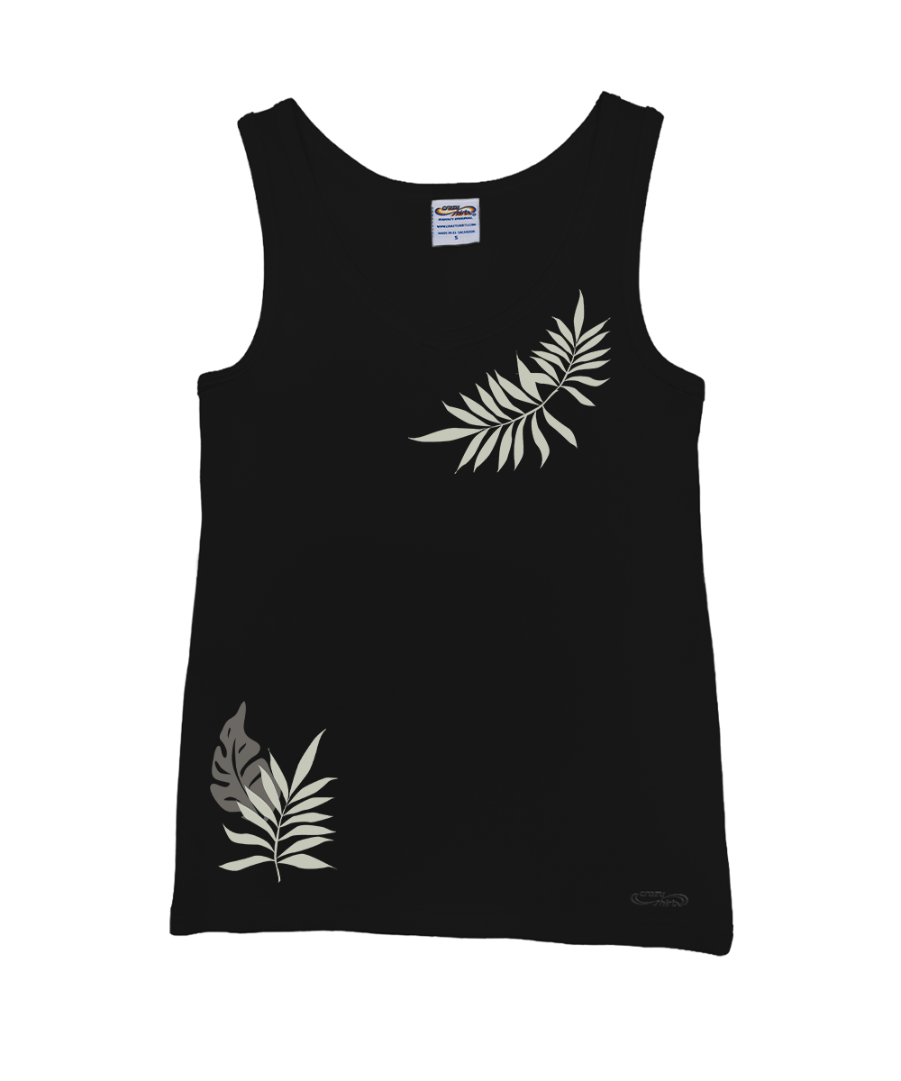 Black tank top with leaf designs on a white background View 1