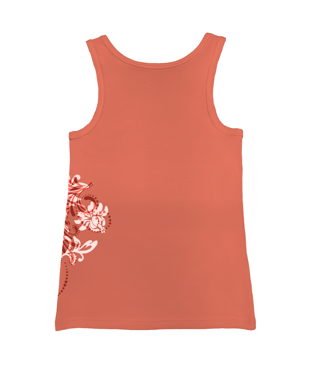 Coral tank top with floral design on a white background View 4