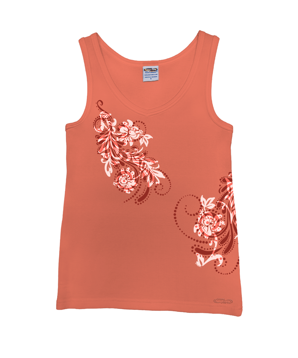 Coral tank top with white floral designs on a white background View 1