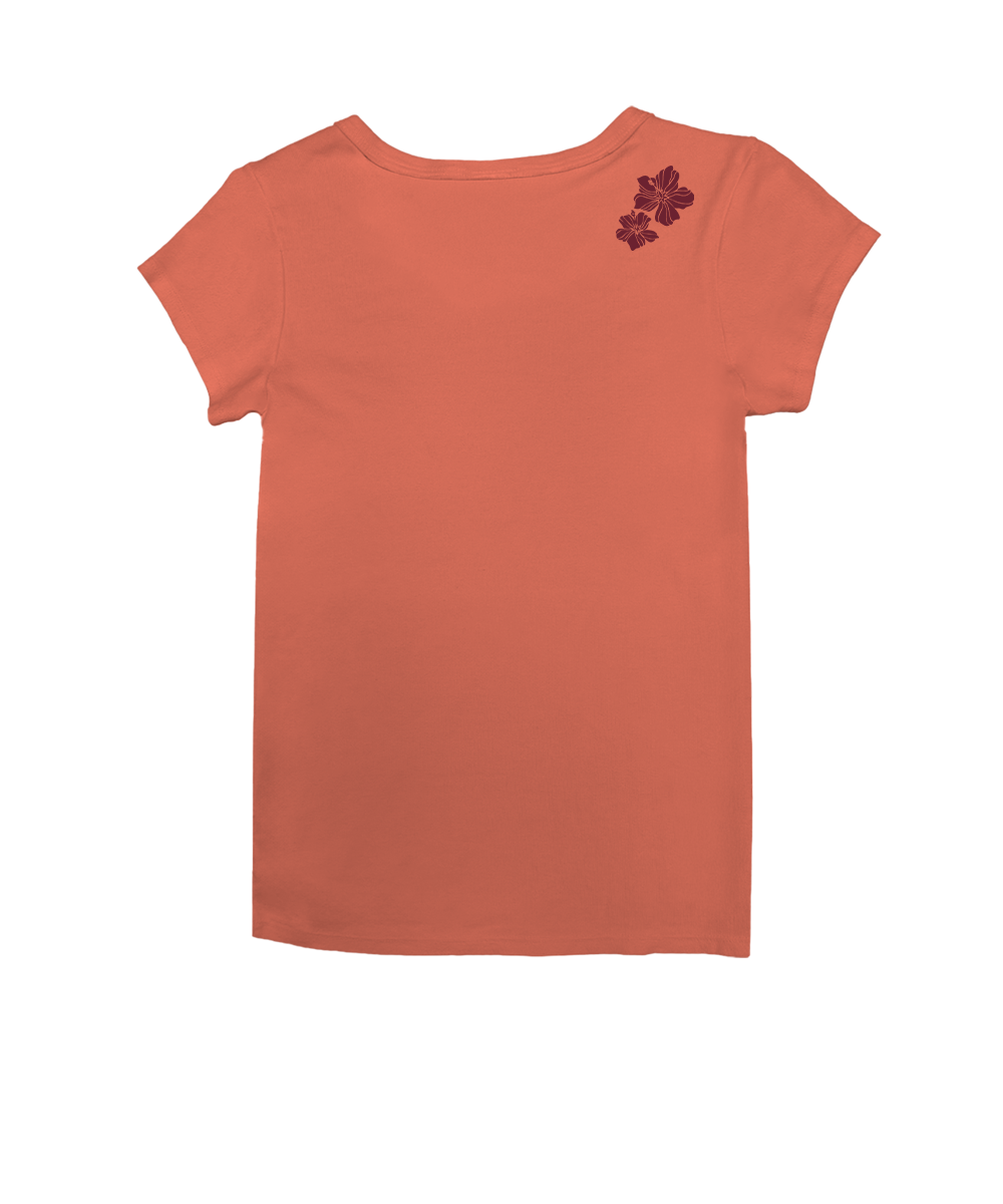 Coral t-shirt with a small floral design on the back against a white background View 4