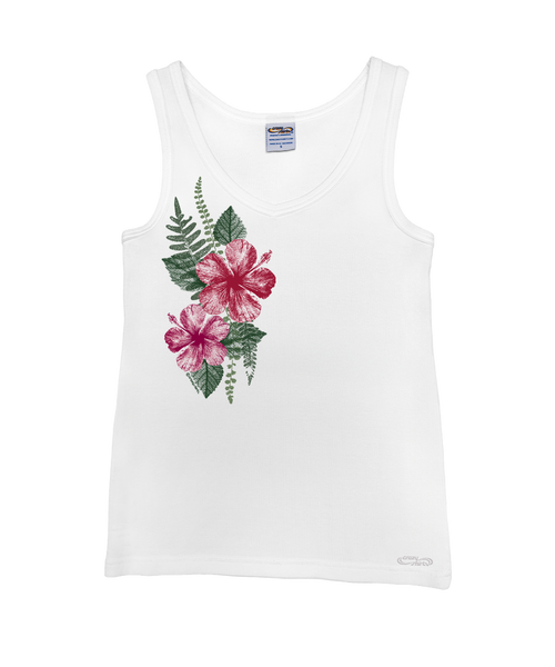 Pressed Hibiscus - White Sleeveless Island Breeze Tank