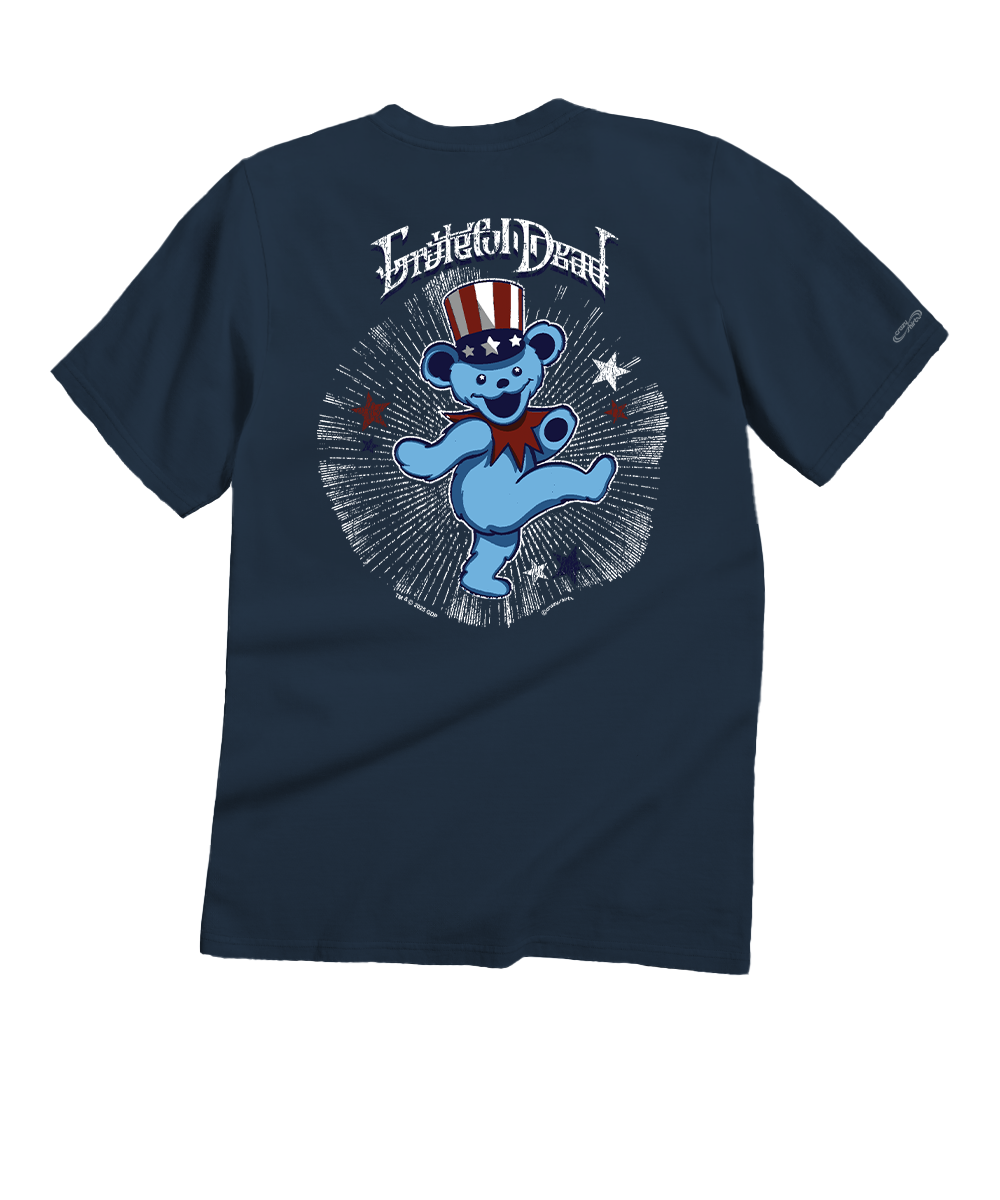 Navy blue t-shirt with a bear graphic and text on the back, on a white background View 1