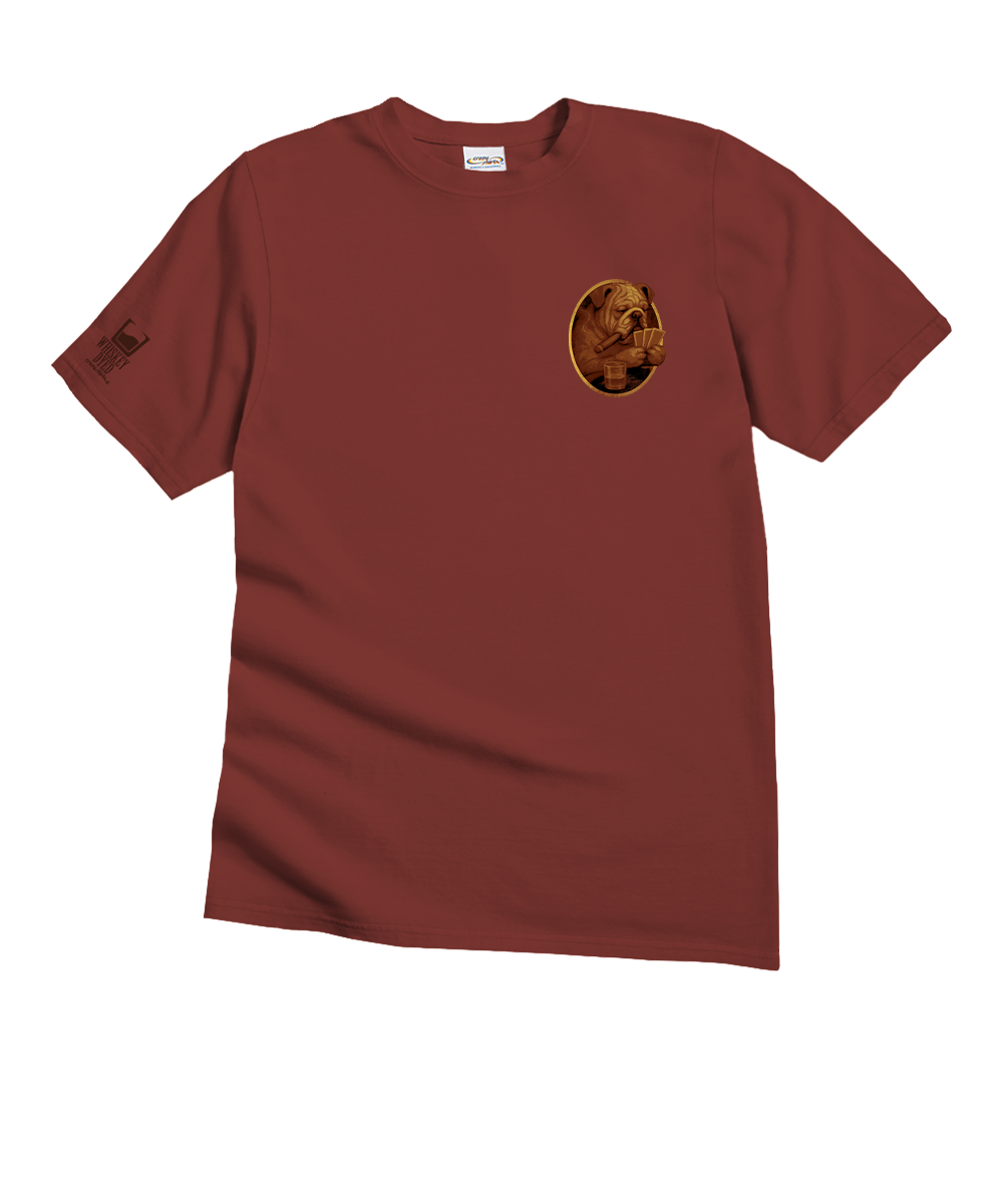 Red t-shirt with a small graphic on a white background View 4