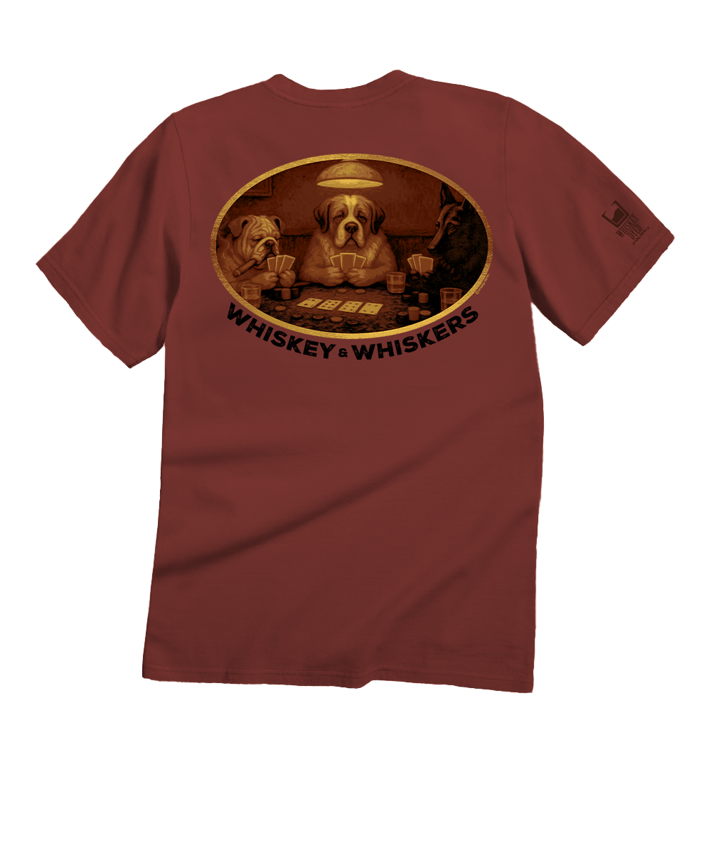 Red t-shirt with 'Whiskey & Whiskers' graphic on the back against a white background View 1