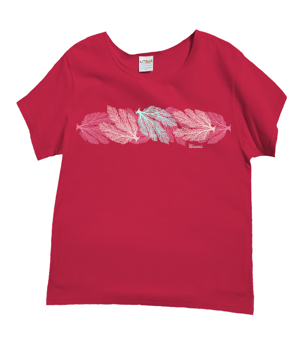 Raspberry dyed t-shirt with reef design on a white background