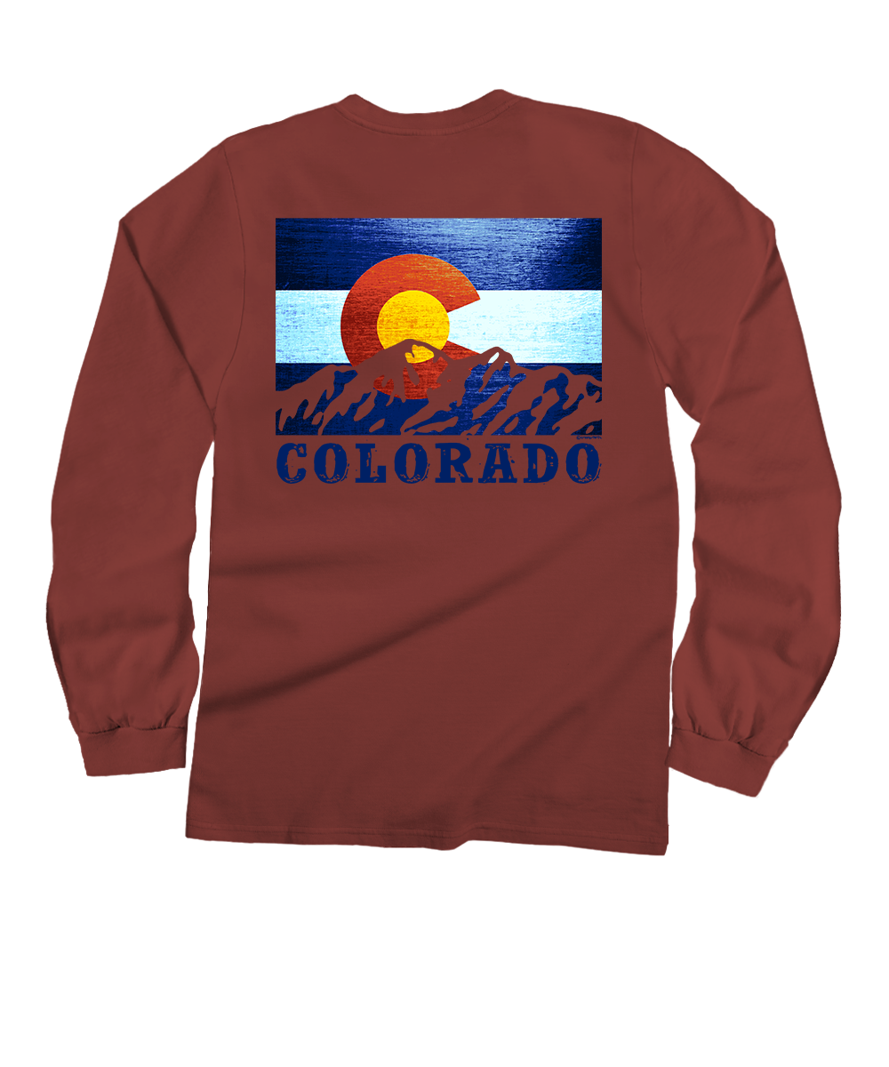 Maroon long-sleeve shirt with Colorado-themed graphic on a white background